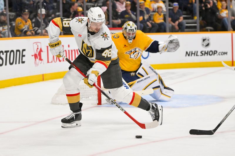 Mar 21, 2026; Nashville, Tennessee, USA;  Vegas Golden Knights center Tomas Hertl (48) skates with the puck against the Nashville Predators during the third period at Bridgestone Arena. Mandatory Credit: Steve Roberts-Imagn Images