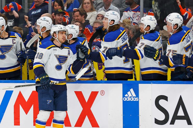 Feb 28, 2024; Edmonton, Alberta, CAN; The St. Louis Blues celebrate a goal scored by forward Robert Thomas (18) during the first period against the Edmonton Oilers at Rogers Place. Mandatory Credit: Perry Nelson-USA TODAY Sports