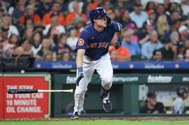 Aug 1, 2023; Houston, Texas, USA; Houston Astros center fielder Jake Meyers (6) hits a single during the third inning against the Cleveland Guardians at Minute Maid Park. Mandatory Credit: Troy Taormina-USA TODAY Sports