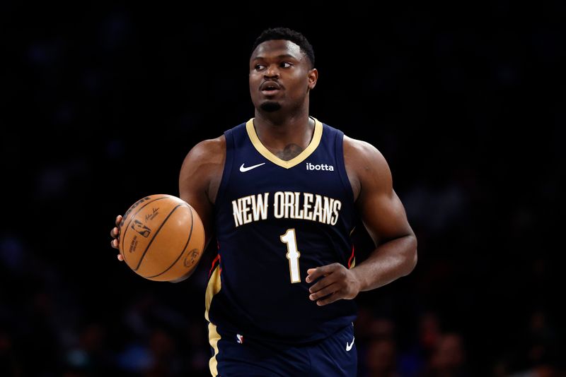 NEW YORK, NEW YORK - MARCH 19: Zion Williamson #1 of the New Orleans Pelicans dribbles during the first half against the Brooklyn Nets at Barclays Center on March 19, 2024 in the Brooklyn borough of New York City. NOTE TO USER: User expressly acknowledges and agrees that, by downloading and/or using this Photograph, user is consenting to the terms and conditions of the Getty Images License Agreement. (Photo by Sarah Stier/Getty Images)