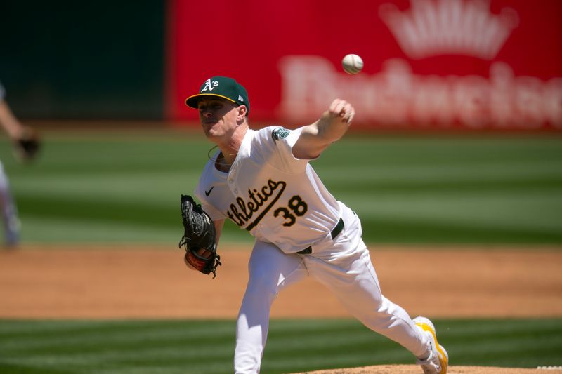 May 8, 2024; Oakland, California, USA; Oakland Athletics starting pitcher JP Sears (38) delivers a pitch against the Texas Rangers during the second inning at Oakland-Alameda County Coliseum. Mandatory Credit: D. Ross Cameron-USA TODAY Sports