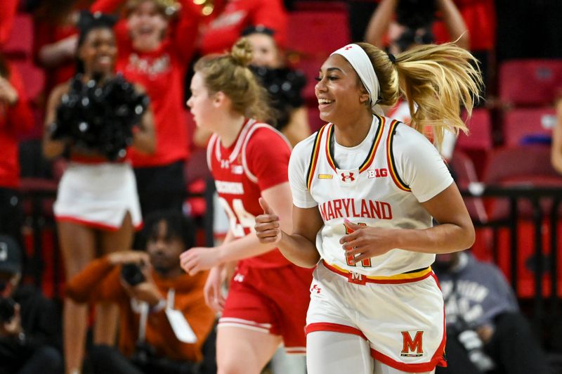 Feb 29, 2024; College Park, Maryland, USA;  Maryland Terrapins guard Jakia Brown-Turner (11) reacts during the second half against the Wisconsin Badgers at Xfinity Center. Mandatory Credit: Tommy Gilligan-USA TODAY Sports