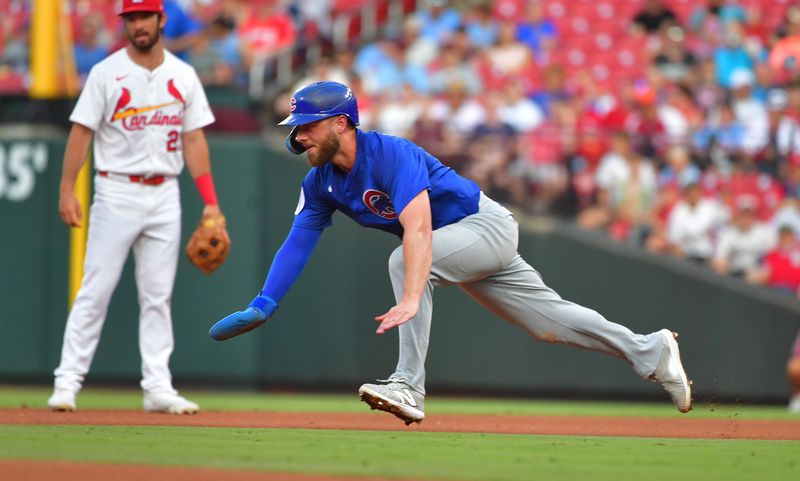 Jun 25, 2025; St. Louis, Missouri, USA; Chicago Cubs first baseman Michael Busch (29) dives for second as he steals the base in the fourth inning against the St. Louis Cardinals at Busch Stadium. Mandatory Credit: Tim Vizer-Imagn Images 