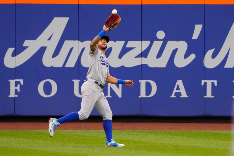 Jul 16, 2023; New York City, New York, USA; Los Angeles Dodgers left fielder David Peralta (6) catches a fly ball hit by New York Mets third basaman Brett Baty (not pictured) during the seventh inning at Citi Field. Mandatory Credit: Gregory Fisher-USA TODAY Sports