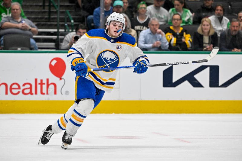 Apr 9, 2024; Dallas, Texas, USA; Buffalo Sabres left wing Zach Benson (9) skates against the Dallas Stars during the third period at the American Airlines Center. Mandatory Credit: Jerome Miron-USA TODAY Sports