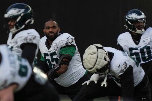 Philadelphia Eagles defensive end Brandon Graham (55) warms up during an NFL football practice in Philadelphia, Thursday, Jan. 30, 2025, ahead of Super Bowl LIX against the Kansas City Chiefs. (AP Photo/Matt Rourke)