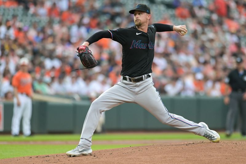 Jul 15, 2023; Baltimore, Maryland, USA;  Miami Marlins starting pitcher Braxton Garrett (29) throws a first inning pitch against the Baltimore Orioles at Oriole Park at Camden Yards. Mandatory Credit: Tommy Gilligan-USA TODAY Sports