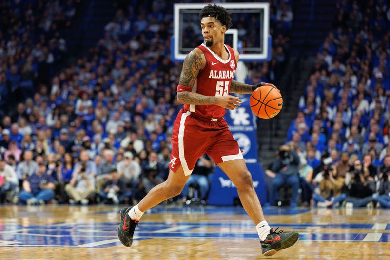 Feb 24, 2024; Lexington, Kentucky, USA; Alabama Crimson Tide guard Aaron Estrada (55) dribbles during the first half against the Kentucky Wildcats at Rupp Arena at Central Bank Center. Mandatory Credit: Jordan Prather-USA TODAY Sports