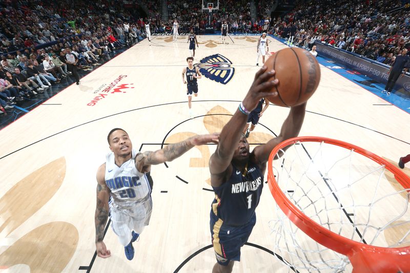 NEW ORLEANS, LA - APRIL 3:  Zion Williamson #1 of the New Orleans Pelicans dunks the ball during the game against the Orlando Magic on April 3, 2024 at the Smoothie King Center in New Orleans, Louisiana. NOTE TO USER: User expressly acknowledges and agrees that, by downloading and or using this Photograph, user is consenting to the terms and conditions of the Getty Images License Agreement. Mandatory Copyright Notice: Copyright 2024 NBAE (Photo by Layne Murdoch Jr./NBAE via Getty Images)