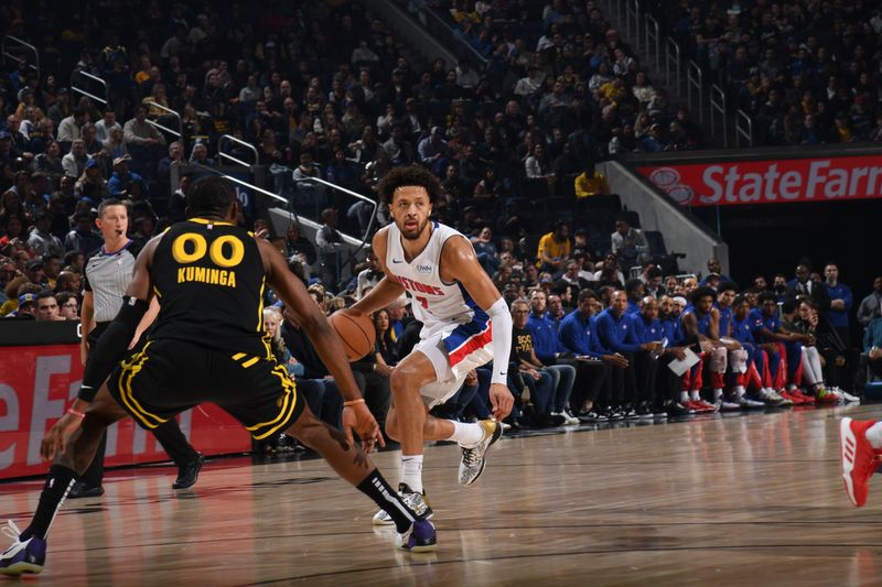 SAN FRANCISCO, CA - JANUARY 5: Cade Cunningham #2 of the Detroit Pistons dribbles the ball during the game against the Golden State Warriors on January 5, 2024 at Chase Center in San Francisco, California. NOTE TO USER: User expressly acknowledges and agrees that, by downloading and or using this photograph, user is consenting to the terms and conditions of Getty Images License Agreement. Mandatory Copyright Notice: Copyright 2024 NBAE (Photo by Noah Graham/NBAE via Getty Images)