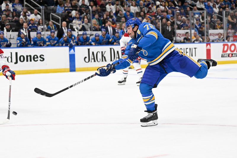 Nov 4, 2023; St. Louis, Missouri, USA; St. Louis Blues defenseman Justin Faulk (72) takes a shot against the Montreal Canadiens during the second period at Enterprise Center. Mandatory Credit: Jeff Le-USA TODAY Sports