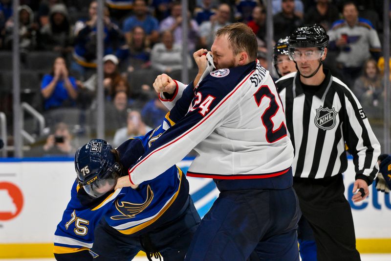 Oct 1, 2024; St. Louis, Missouri, USA;  Columbus Blue Jackets right wing Mathieu Olivier (24) and St. Louis Blues defenseman Tyler Tucker (75) fight during the third period at Enterprise Center. Mandatory Credit: Jeff Curry-Imagn Images