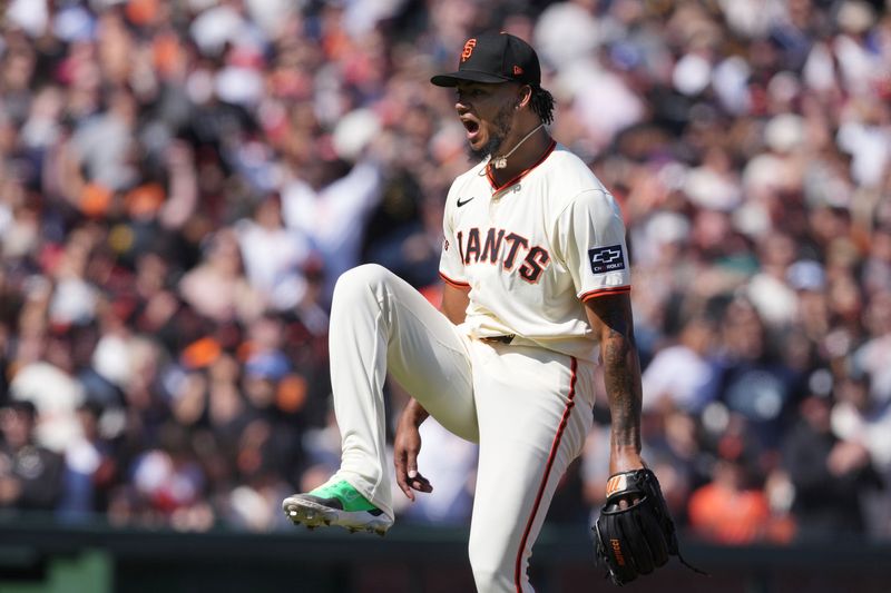 Apr 7, 2024; San Francisco, California, USA; San Francisco Giants pitcher Camilo Doval (75) reacts after a strikeout to end the game against the San Diego Padres during the ninth inning at Oracle Park. Mandatory Credit: Darren Yamashita-USA TODAY Sports