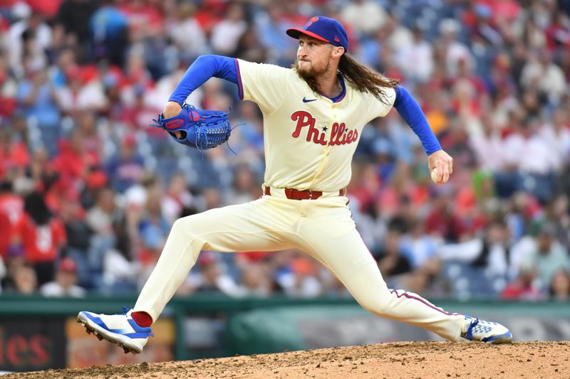 May 6, 2024; Philadelphia, Pennsylvania, USA; Philadelphia Phillies pitcher Matt Strahm (25) throws a pitch during the eighth inning against the San Francisco Giants at Citizens Bank Park. Mandatory Credit: Eric Hartline-USA TODAY Sports