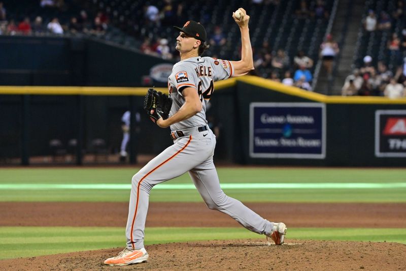 Sep 20, 2023; Phoenix, Arizona, USA;  San Francisco Giants pitcher Sean Hjelle (64) throws in the eighth inning against the Arizona Diamondbacks at Chase Field. Mandatory Credit: Matt Kartozian-USA TODAY Sports