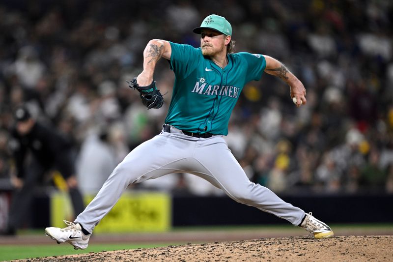 Mar 25, 2024; San Diego, California, USA; Seattle Mariners relief pitcher Gabe Speier (55) throws a pitch against the San Diego Padres during the seventh inning at Petco Park. Mandatory Credit: Orlando Ramirez-USA TODAY Sports