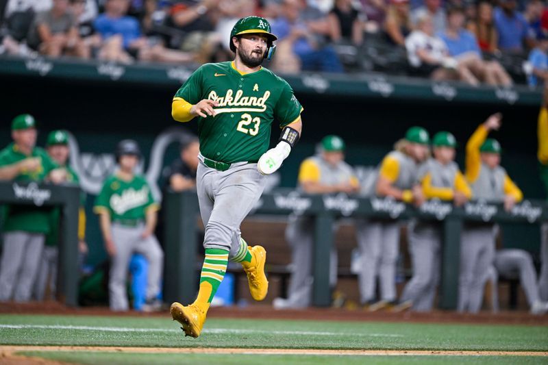 Sep 1, 2024; Arlington, Texas, USA; Oakland Athletics catcher Shea Langeliers (23) scores against the Texas Rangers during the tenth inning at Globe Life Field. Mandatory Credit: Jerome Miron-USA TODAY Sports