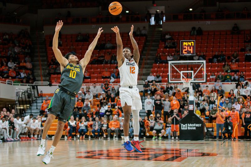 Jan 6, 2024; Stillwater, Oklahoma, USA; Oklahoma State Cowboys guard Javon Small (12) puts up a shot over Baylor Bears guard RayJ Dennis (10) during the first half at Gallagher-Iba Arena. Mandatory Credit: William Purnell-USA TODAY Sports