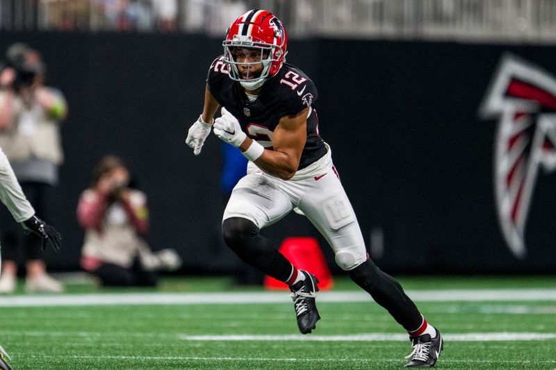 Atlanta Falcons wide receiver KhaDarel Hodge (12) works during the second half of an NFL football game against the Washington Commanders, Sunday, Oct. 15, 2023, in Atlanta. The Washington Commanders won 24-16. (AP Photo/Danny Karnik)