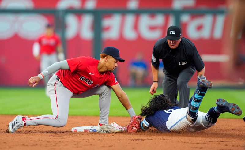 May 9, 2025; Kansas City, Missouri, USA; Kansas City Royals left fielder Jonathan India (6) is tagged out by Boston Red Sox second baseman Kristian Campbell (28) during the fifth inning at Kauffman Stadium. Mandatory Credit: Jay Biggerstaff-Imagn Images
