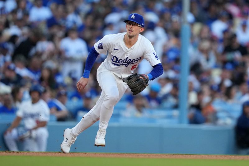 Jun 15, 2024; Los Angeles, California, USA; Los Angeles Dodgers third baseman Cavan Biggio (6) during the game against the Kansas City Royals at Dodger Stadium. Mandatory Credit: Kirby Lee-USA TODAY Sports