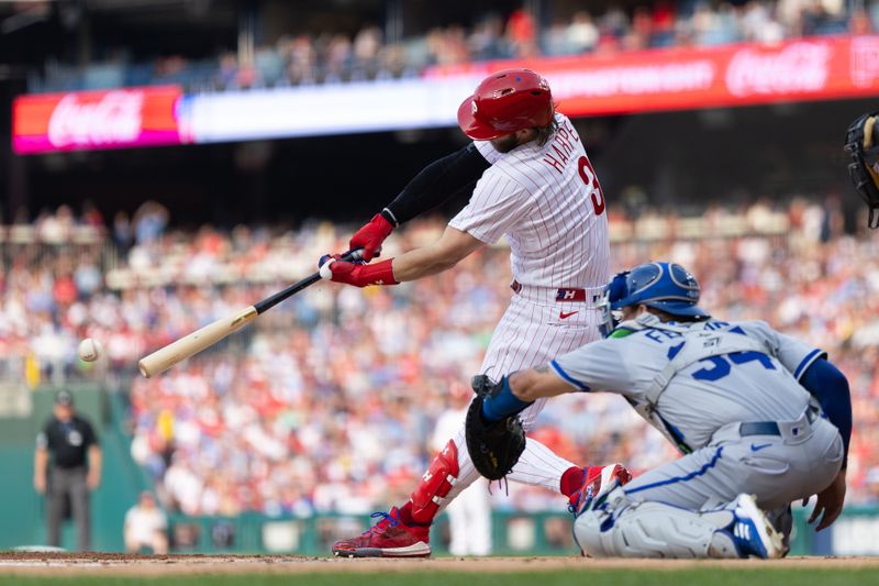 Aug 5, 2023; Philadelphia, Pennsylvania, USA; Philadelphia Phillies designated hitter Bryce Harper (3) hits a single during the first inning against the Kansas City Royals at Citizens Bank Park. Mandatory Credit: Bill Streicher-USA TODAY Sports