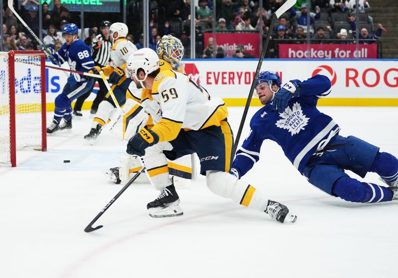 Dec 9, 2023; Toronto, Ontario, CAN; Toronto Maple Leafs center Auston Matthews (34) scores a goal against the Nashville Predators during the third period at Scotiabank Arena. Mandatory Credit: Nick Turchiaro-USA TODAY Sports