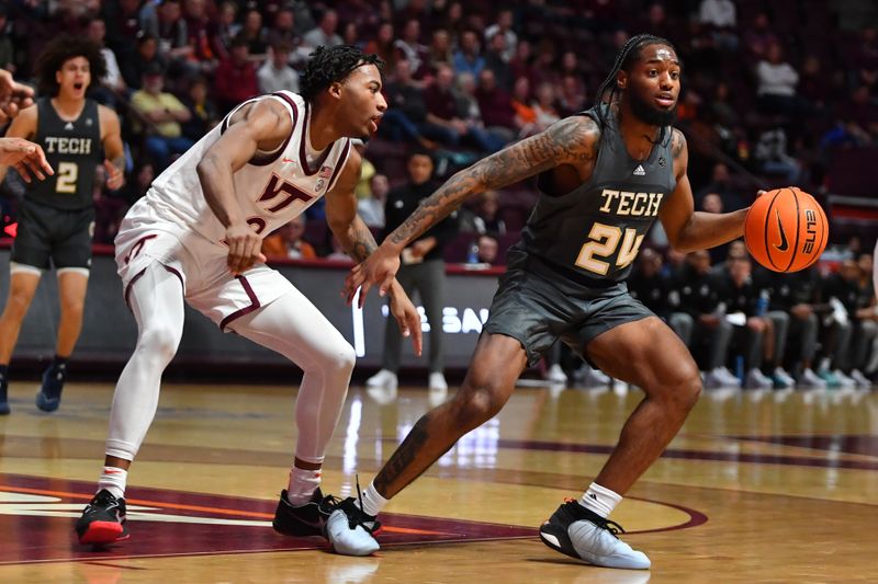 Jan 27, 2024; Blacksburg, Virginia, USA; Georgia Tech Yellow Jackets guard Amaree Abram (24) handles the ball while being defended by Virginia Tech Hokies guard MJ Collins (2) during the second half at Cassell Coliseum. Mandatory Credit: Brian Bishop-USA TODAY Sports