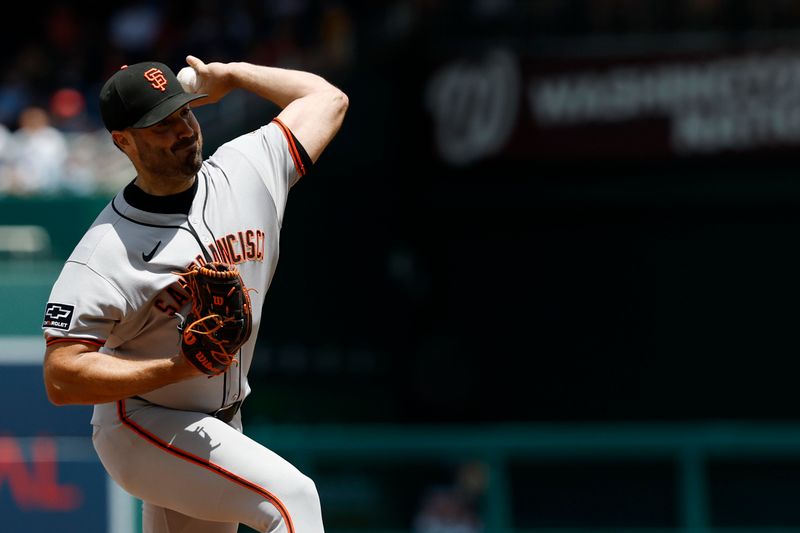 May 25, 2025; Washington, District of Columbia, USA; San Francisco Giants starting pitcher Robbie Ray (38) pitches against the Washington Nationals during the first inning at Nationals Park. Mandatory Credit: Geoff Burke-Imagn Images