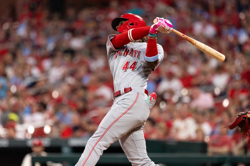 Sep 30, 2023; St. Louis, Missouri, USA;  Cincinnati Reds third baseman Elly De La Cruz (44) hits a base hit against the St. Louis Cardinals in the second inning at Busch Stadium. Mandatory Credit: Zach Dalin-USA TODAY Sports