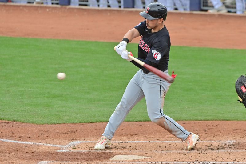 Feb 26, 2024; Peoria, Arizona, USA;  Cleveland Guardians relief pitcher Jordan Jones (38) at bat in the second inning against the San Diego Padres during a spring training game at Peoria Sports Complex. Mandatory Credit: Matt Kartozian-USA TODAY Sports