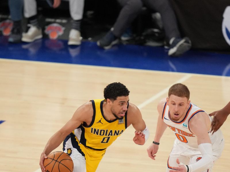 NEW YORK, NY - MAY 19:  Tyrese Haliburton #0 of the Indiana Pacers dribbles the ball during the game against the New York Knicksduring Round 2 Game 7 of the 2024 NBA Playoffs on May 19, 2024 at Madison Square Garden in New York City, New York.  NOTE TO USER: User expressly acknowledges and agrees that, by downloading and or using this photograph, User is consenting to the terms and conditions of the Getty Images License Agreement. Mandatory Copyright Notice: Copyright 2024 NBAE  (Photo by Jesse D. Garrabrant/NBAE via Getty Images)