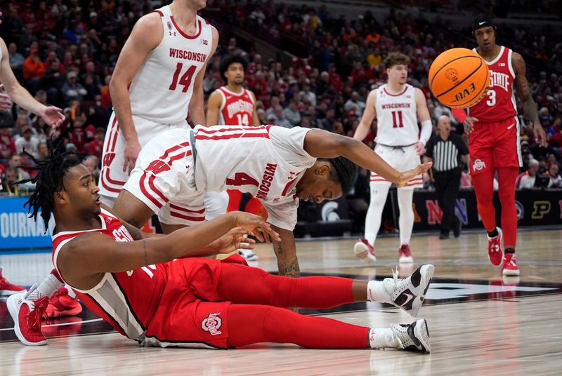 Mar 8, 2023; Chicago, IL, USA; Ohio State Buckeyes forward Brice Sensabaugh (10) passes in front of Wisconsin Badgers guard Kamari McGee (4) during the second half at United Center. Mandatory Credit: David Banks-USA TODAY Sports