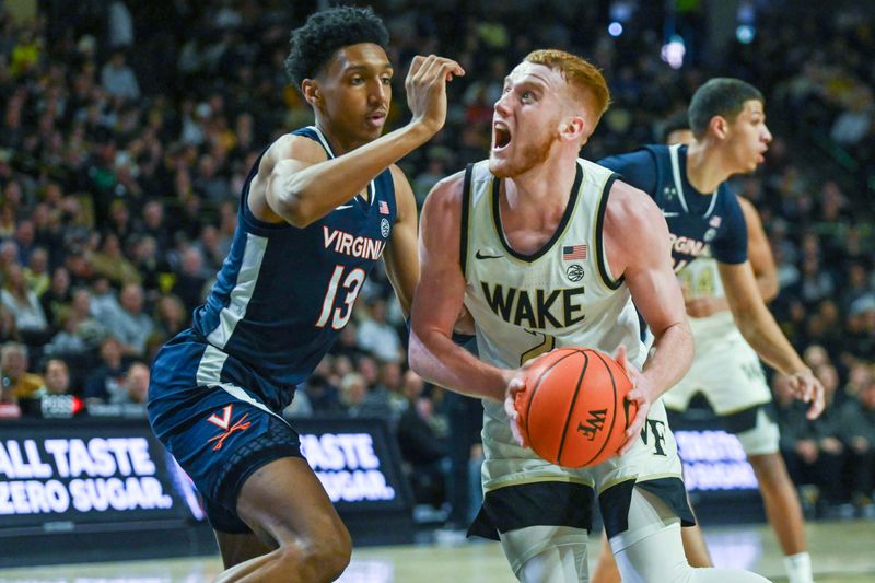 Jan 21, 2023; Winston-Salem, North Carolina, USA; Wake Forest Demon Deacons guard Cameron Hildreth (2) drives the lane against Virginia Cavaliers guard Ryan Dunn (13)  during the first half at Lawrence Joel Veterans Memorial Coliseum. Mandatory Credit: William Howard-USA TODAY Sports