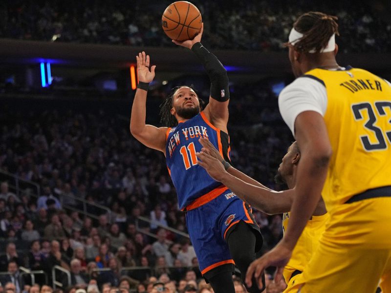 NEW YORK, NY - FEBRUARY 10: Jalen Brunson #11 of the New York Knicks shoots the ball during the game against the Indiana Pacers on February 10, 2024 at Madison Square Garden in New York City, New York.  NOTE TO USER: User expressly acknowledges and agrees that, by downloading and or using this photograph, User is consenting to the terms and conditions of the Getty Images License Agreement. Mandatory Copyright Notice: Copyright 2024 NBAE  (Photo by Jesse D. Garrabrant/NBAE via Getty Images)