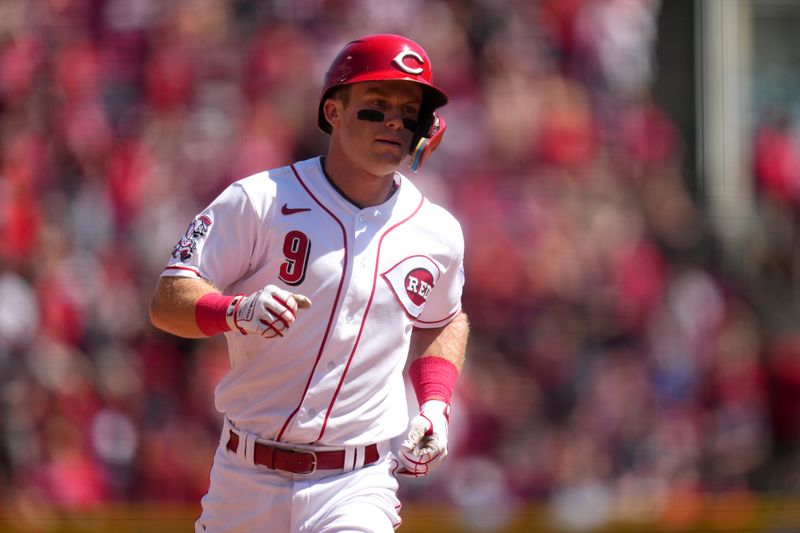 Jun 25, 2023; Cincinnati, Ohio, USA; Cincinnati Reds second baseman Matt McLain (9) rounds the bases after hitting a home run in the seventh inning of a baseball game against the Atlanta Braves at Great American Ball Park. The Atlanta Braves won, 7-6. Mandatory Credit: Kareem Elgazzar-USA TODAY Sports