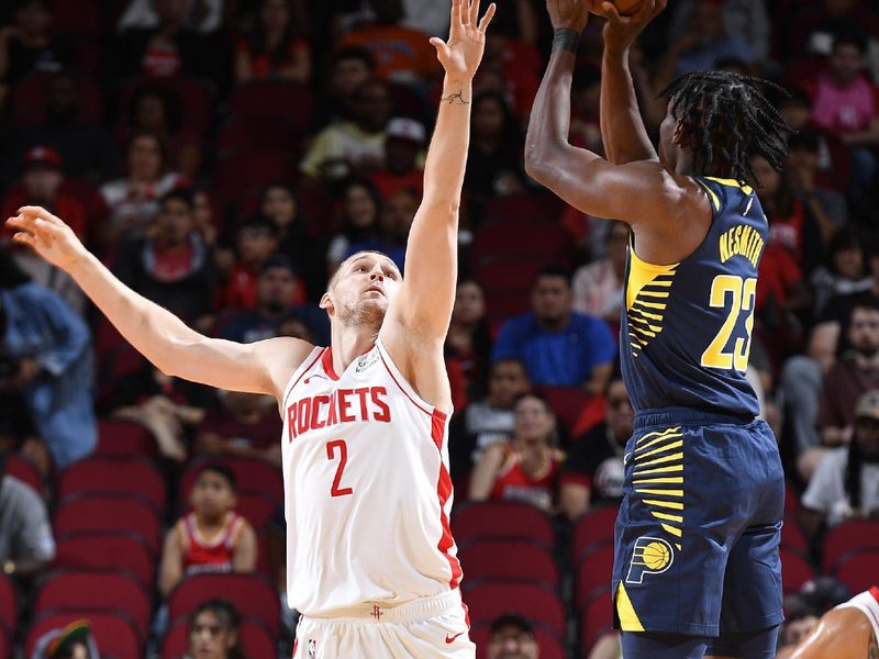 HOUSTON, TX - OCTOBER 10: Aaron Nesmith #23 of the Indiana Pacers shoots the ball during the game against the Houston Rockets on October 10, 2023 at the Toyota Center in Houston, TX. NOTE TO USER: User expressly acknowledges and agrees that, by downloading and or using this photograph, User is consenting to the terms and conditions of the Getty Images License Agreement. Mandatory Copyright Notice: Copyright 2023 NBAE (Photo by Logan Riely/NBAE via Getty Images)