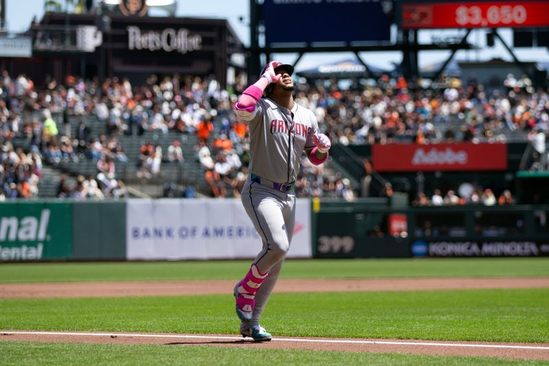 May 14, 2025; San Francisco, California, USA; Arizona Diamondbacks second baseman Ketel Marte (4) celebrates his solo home run against the San Francisco Giants during the first inning at Oracle Park. Mandatory Credit: D. Ross Cameron-Imagn Images
