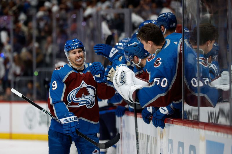 Apr 26, 2024; Denver, Colorado, USA; Colorado Avalanche left wing Zach Parise (9) celebrates with the bench after his goal in the first period against the Winnipeg Jets in game three of the first round of the 2024 Stanley Cup Playoffs at Ball Arena. Mandatory Credit: Isaiah J. Downing-USA TODAY Sports