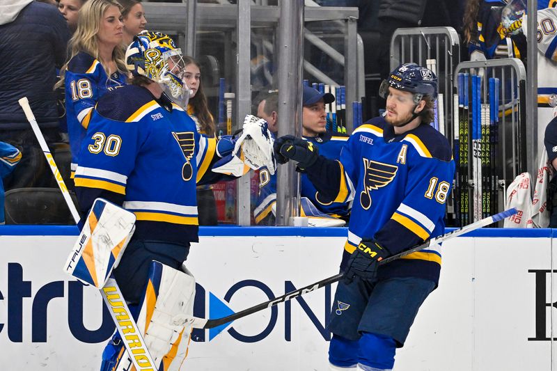 Apr 10, 2024; St. Louis, Missouri, USA;  St. Louis Blues center Robert Thomas (18) celebrates with goaltender Joel Hofer (30) after scoring against the Chicago Blackhawks during the third period at Enterprise Center. Mandatory Credit: Jeff Curry-USA TODAY Sports