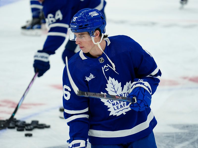 Apr 24, 2024; Toronto, Ontario, CAN; Toronto Maple Leafs forward Mitchell Marner (16) during warm-up of game three of the first round of the 2024 Stanley Cup Playoffs against the Boston Bruins at Scotiabank Arena. Mandatory Credit: John E. Sokolowski-USA TODAY Sports