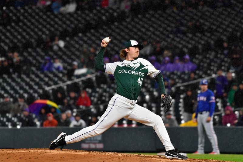 May 11, 2024; Denver, Colorado, USA; Colorado Rockies pitcher Nick Mears (46) throws against the Texas Rangers in the ninth inning at Coors Field. Mandatory Credit: John Leyba-USA TODAY Sports