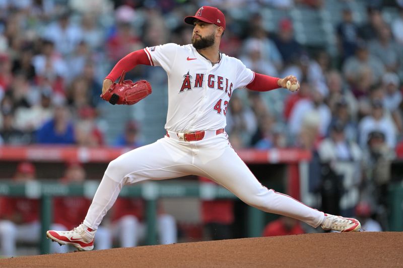 May 30, 2024; Anaheim, California, USA;  Los Angeles Angels starting pitcher Patrick Sandoval (43) delivers to the plate in the first inning against the New York Yankees at Angel Stadium. Mandatory Credit: Jayne Kamin-Oncea-USA TODAY Sports