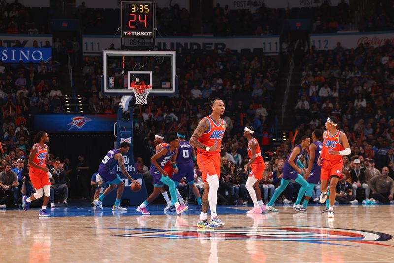 OKLAHOMA CITY, OK - FEBUARY 2:  Jaylin Williams #6 of the Oklahoma City Thunder celebrates during the game on February 2, 2024 at Paycom Arena in Oklahoma City, Oklahoma. NOTE TO USER: User expressly acknowledges and agrees that, by downloading and or using this photograph, User is consenting to the terms and conditions of the Getty Images License Agreement. Mandatory Copyright Notice: Copyright 2024 NBAE (Photo by Zach Beeker/NBAE via Getty Images)