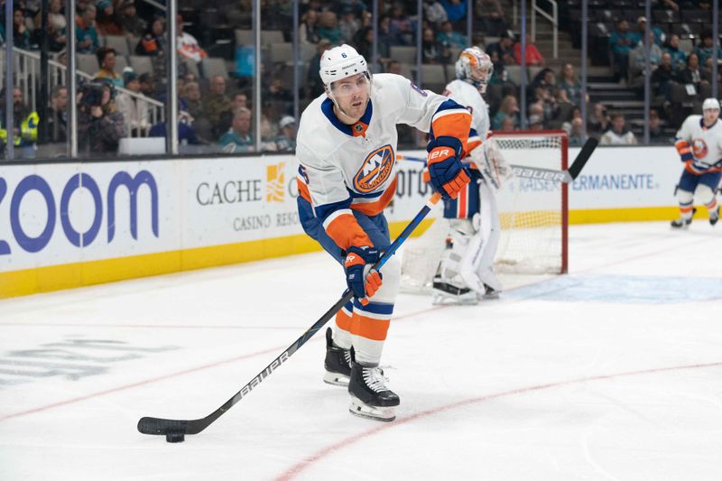 Mar 7, 2024; San Jose, California, USA; New York Islanders defenseman Ryan Pulock (6) passes the puck during the second period against the San Jose Sharks at SAP Center at San Jose. Mandatory Credit: Stan Szeto-USA TODAY Sports