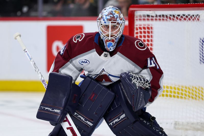 Nov 28, 2025; Saint Paul, Minnesota, USA; Colorado Avalanche goaltender Scott Wedgewood (41) defends his net against the Minnesota Wild during the second period at Grand Casino Arena. Mandatory Credit: Matt Krohn-Imagn Images