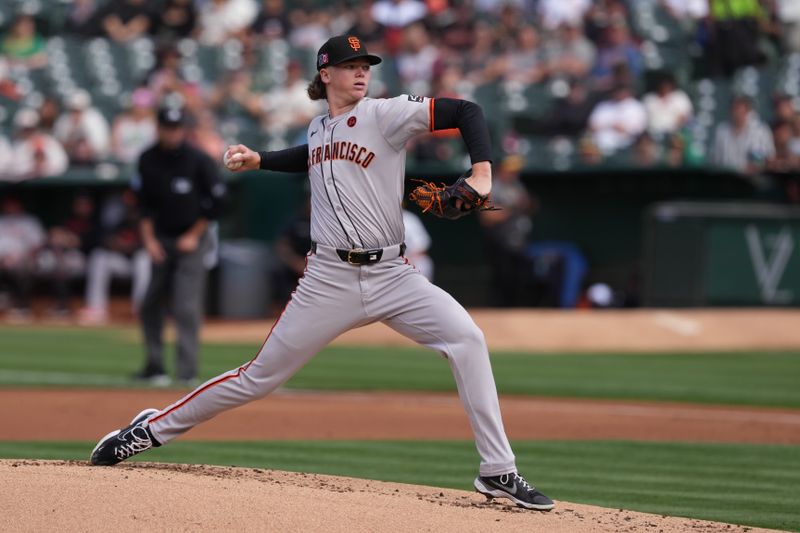 Aug 17, 2024; Oakland, California, USA; San Francisco Giants starting pitcher Hayden Birdsong (60) throws a pitch against the Oakland Athletics during the first inning at Oakland-Alameda County Coliseum. Mandatory Credit: Darren Yamashita-USA TODAY Sports