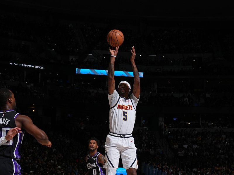 DENVER, CO - FEBRUARY 28: Kentavious Caldwell-Pope #5 of the Denver Nuggets shoots the ball during the game against the Sacramento Kings on February 28, 2024 at the Ball Arena in Denver, Colorado. NOTE TO USER: User expressly acknowledges and agrees that, by downloading and/or using this Photograph, user is consenting to the terms and conditions of the Getty Images License Agreement. Mandatory Copyright Notice: Copyright 2024 NBAE (Photo by Garrett Ellwood/NBAE via Getty Images)