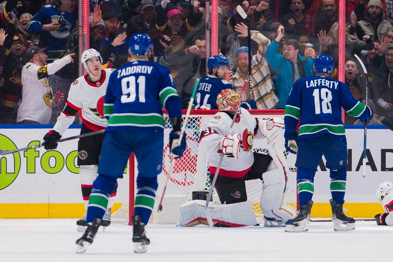 Jan 2, 2024; Vancouver, British Columbia, CAN; Ottawa Senators forward Claude Giroux (28) and defenseman Travis Hamonic (23) and goalie Anton Forsberg (31) and Vancouver Canucks forward Sam Lafferty (18) all watch forward Pius Suter (24) celebrate his goal in the first period at Rogers Arena. Mandatory Credit: Bob Frid-USA TODAY Sports