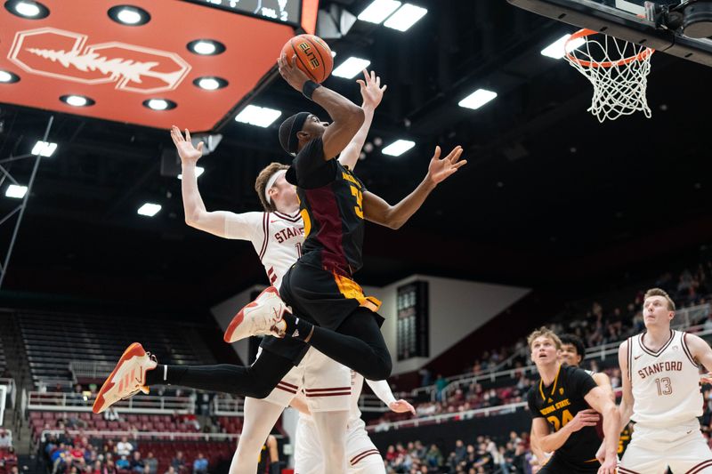 Feb 9, 2023; Stanford, California, USA;  Arizona State Sun Devils guard Devan Cambridge (35) attempts to score against Stanford Cardinal forward Max Murrell (10) during the second half at Maples Pavilion. Mandatory Credit: Stan Szeto-USA TODAY Sports